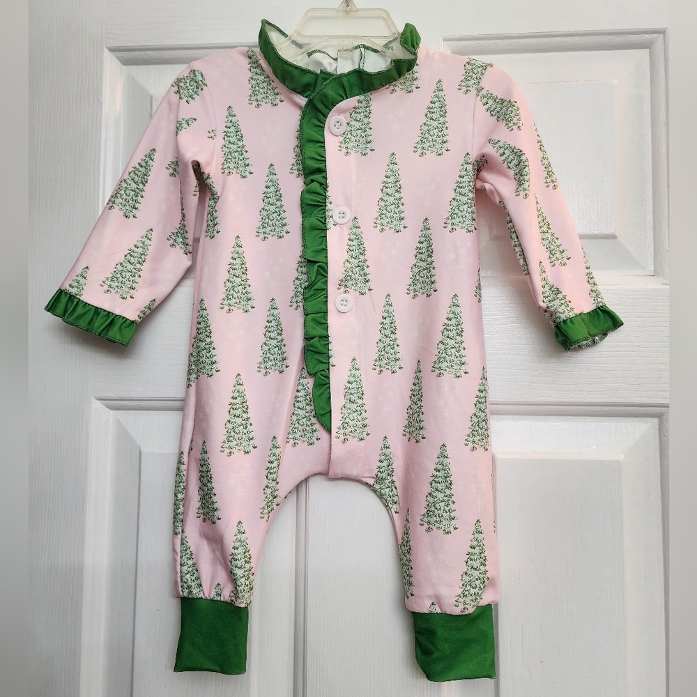 🎄Sugar Bee Ruffle Pink Christmas Tree Holiday One Piece 3mo